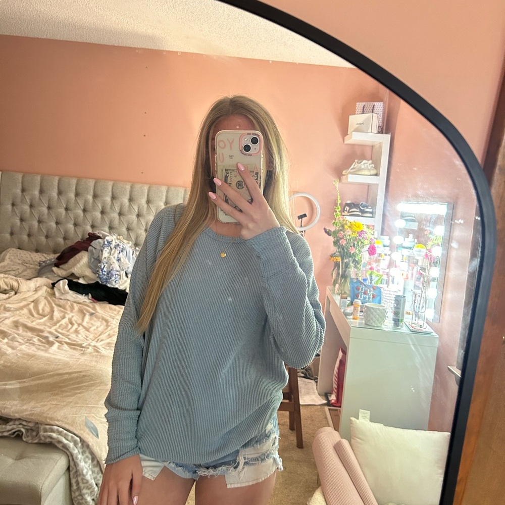 SO Light Blue Ribbed Knit Top